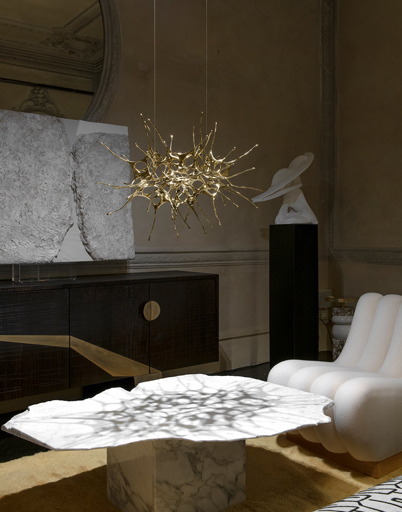 Dragon Suspension by Terzani hanging light with sculptural, flowing design and metallic finish.