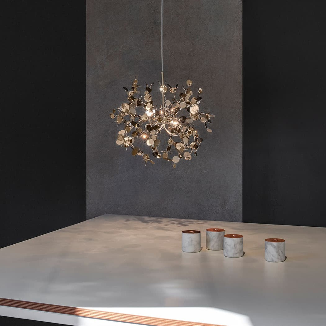 Argent Suspension by Terzani with shimmering clustered metal discs creating sparkling light