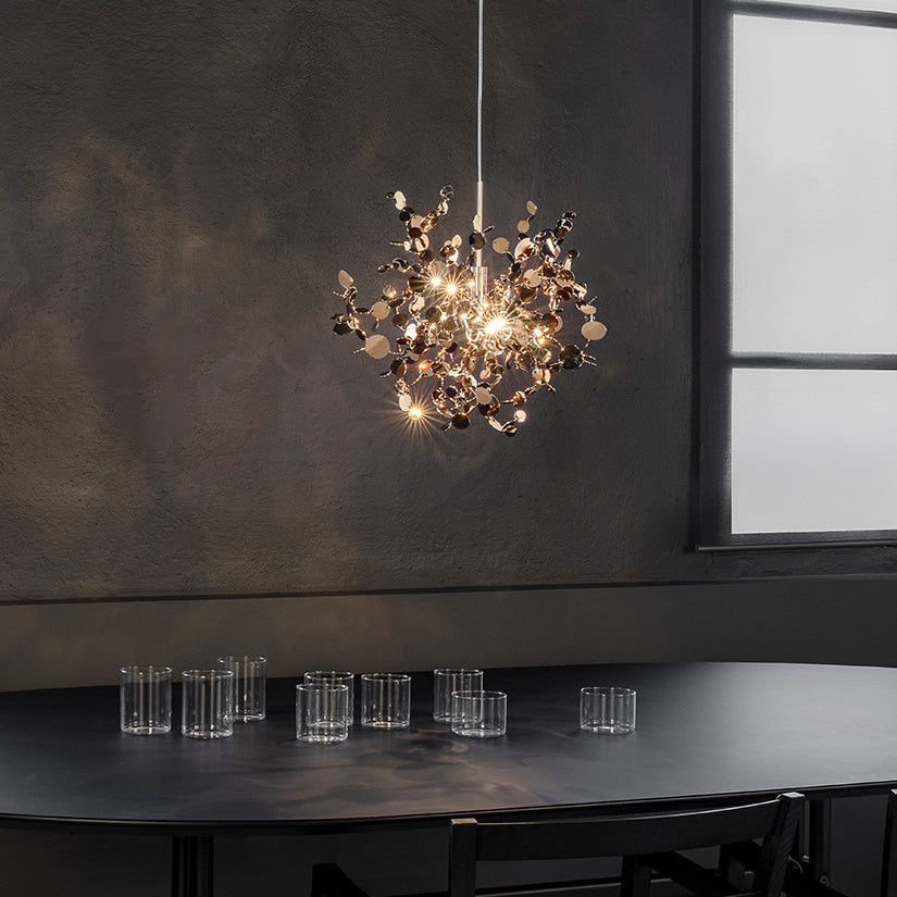 Argent Suspension by Terzani with shimmering clustered metal discs creating sparkling light