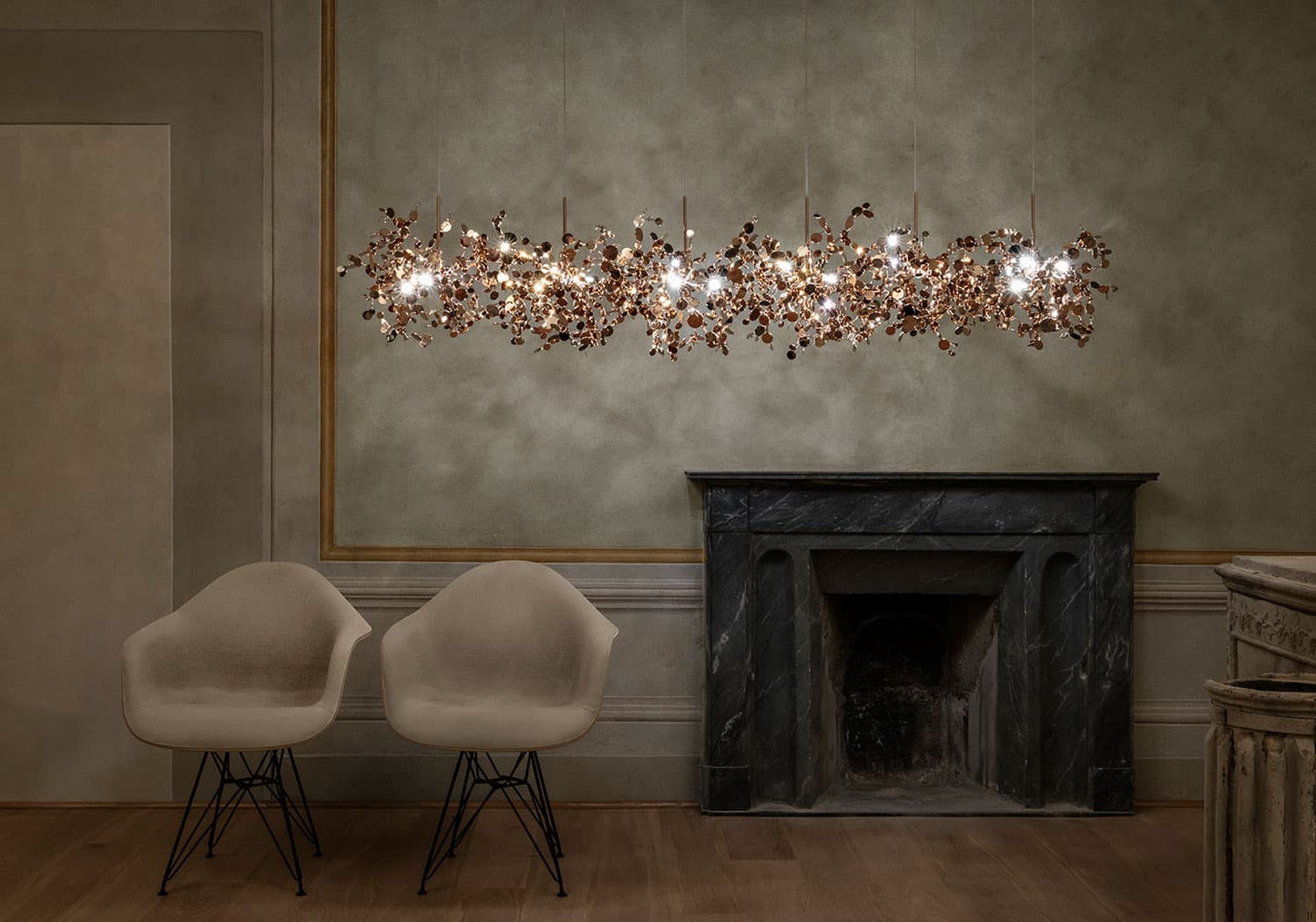 Argent Linear Suspension by Terzani with shimmering clustered metal discs in a sleek linear form
