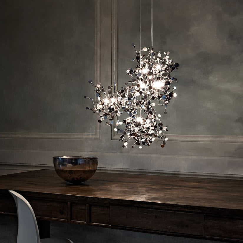 Argent Suspension by Terzani with shimmering clustered metal discs creating sparkling light