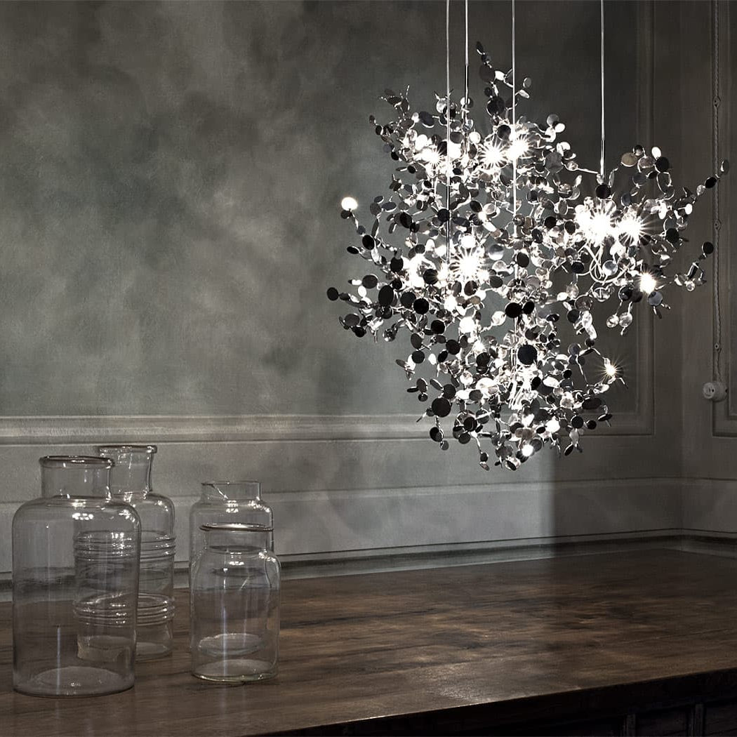 Argent Suspension by Terzani with shimmering clustered metal discs creating sparkling light