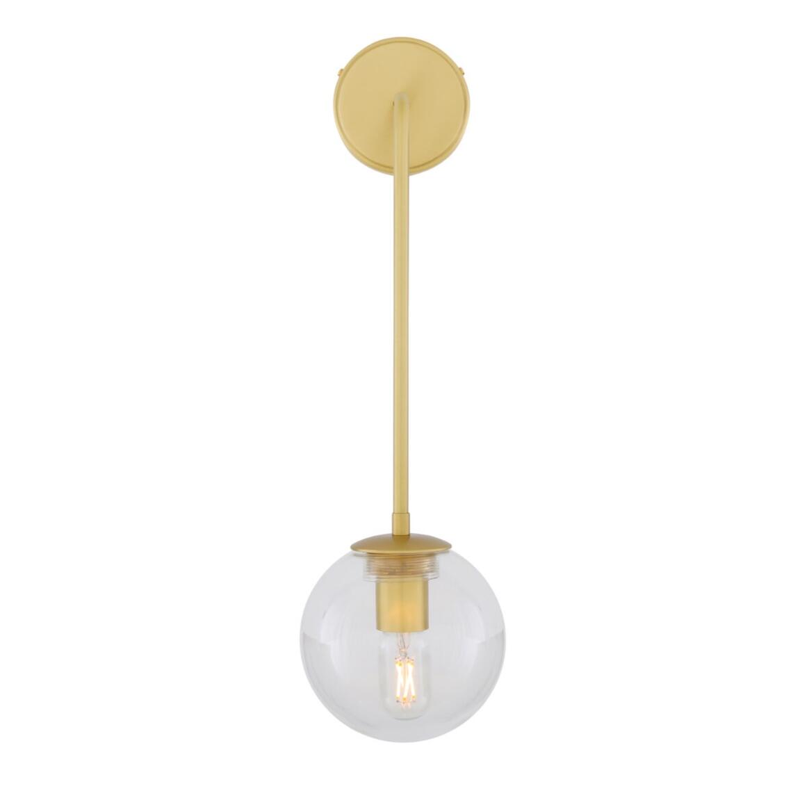 Gold wall-mounted light fixture with a clear glass shade on a white background